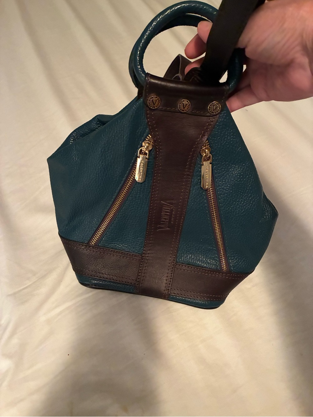 Valentina Italian Teal and Brown Leather Shoulder Bag with Gold Hardware